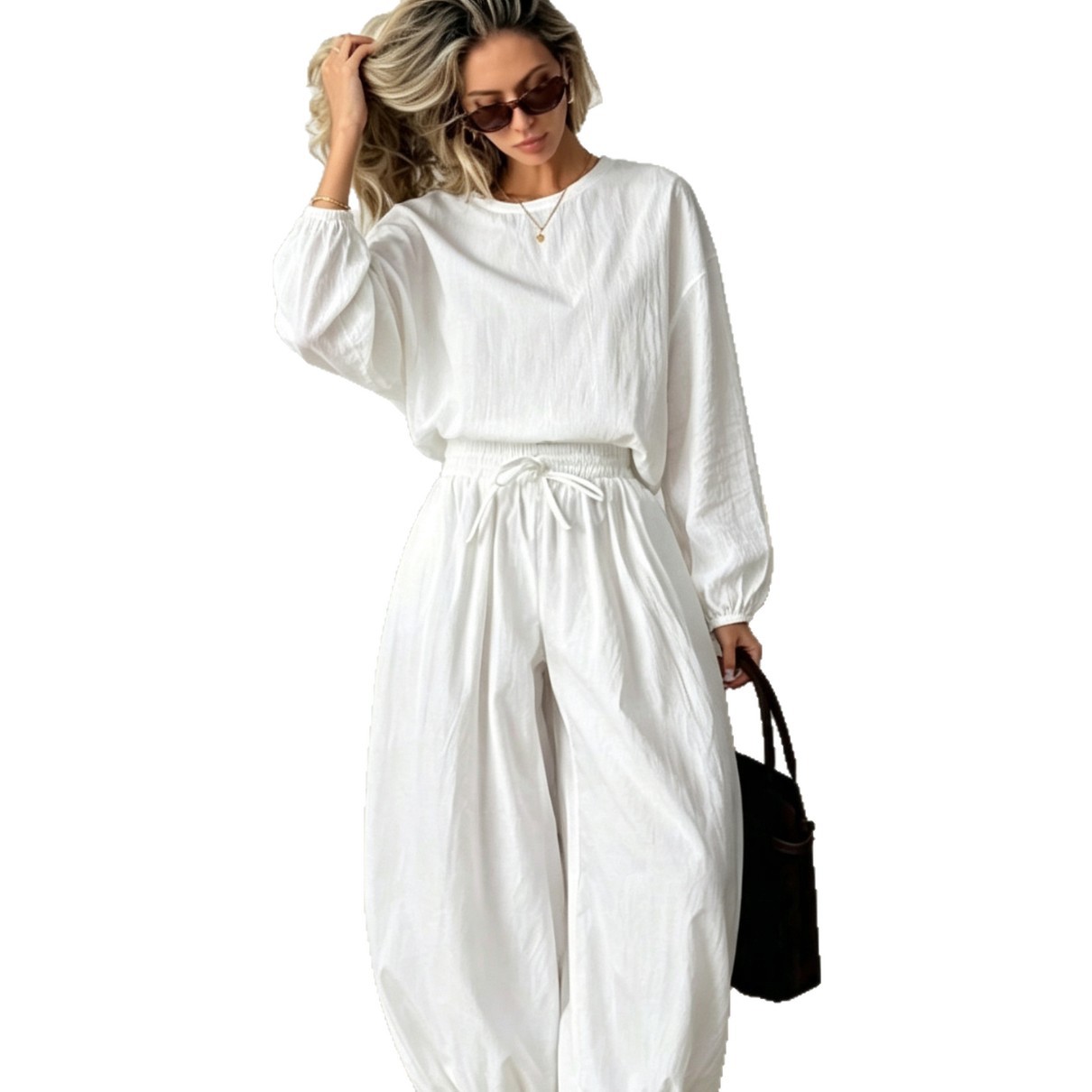 Women's Solid Color Round Neck Loose Sleeve Top and Wide-Leg Pants Two-Piece Set