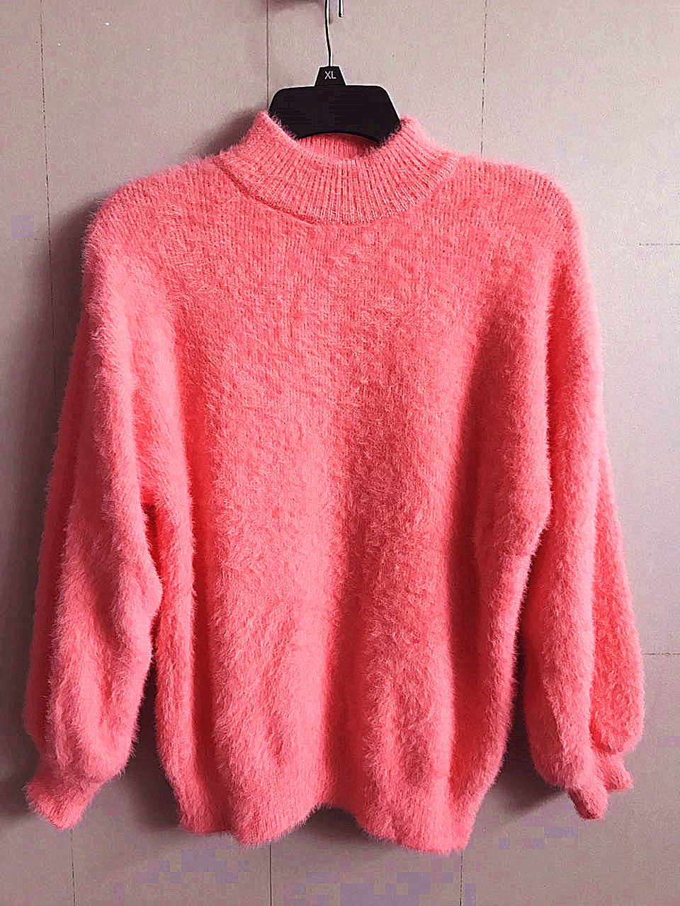 Faux Mink Half-Turtleneck Lantern-Sleeve Knit Sweater