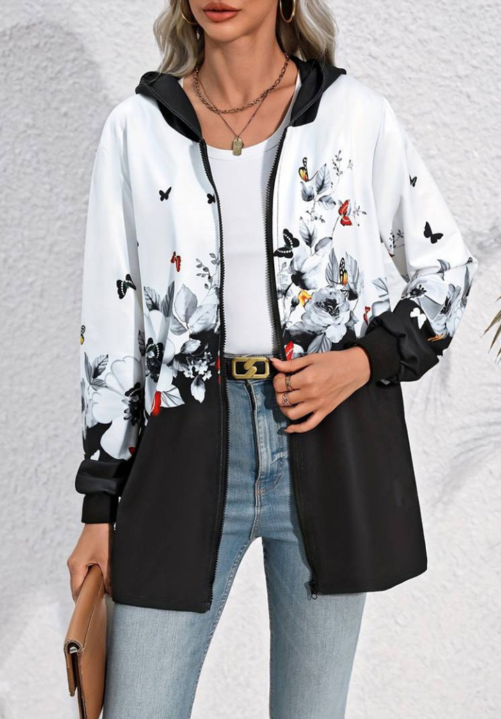 Women's Casual Printed Zip-Up Hooded Mid-Length Jacket
