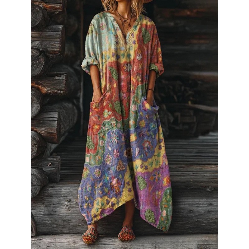 Women's Floral Ripple Print V-Neck A-Line Midi Dress Long Sleeve