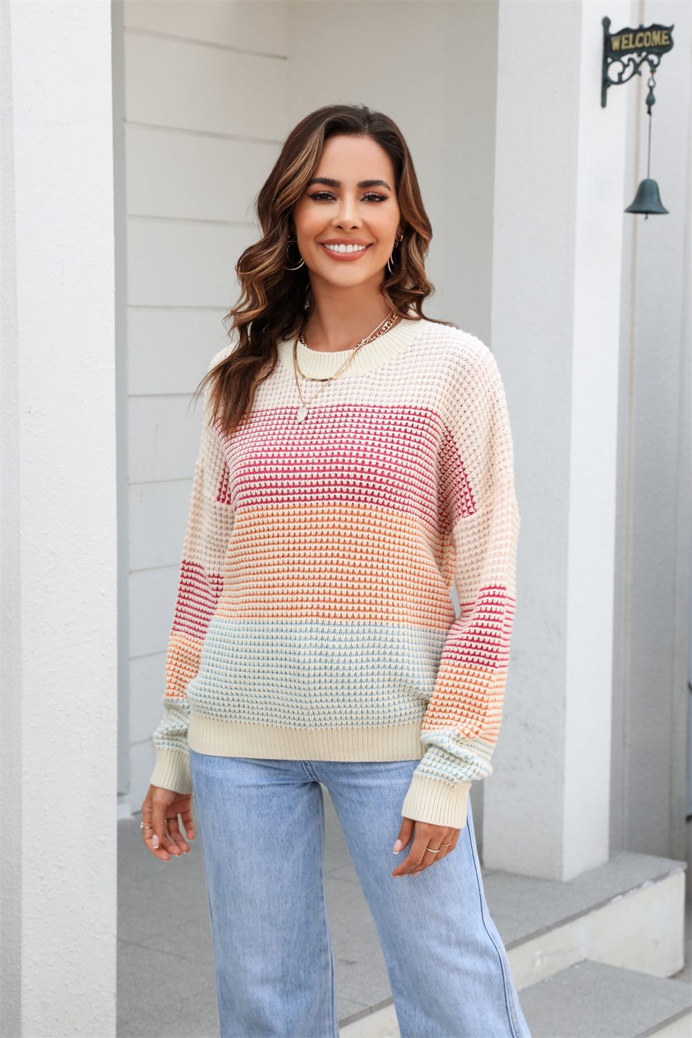 Casual Color-Block Crewneck Knit Sweater Loose Plus Size Pullover