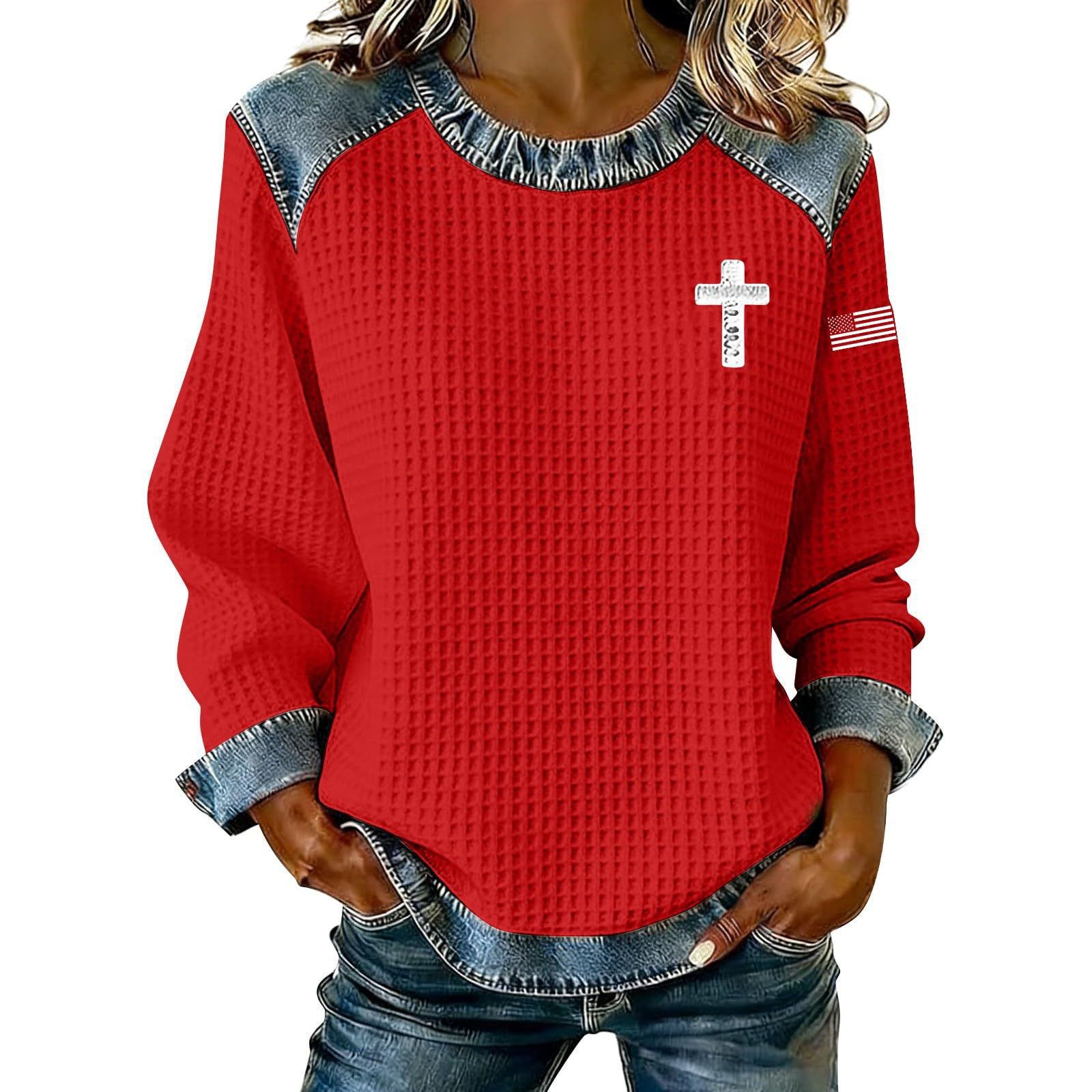 Women's Cross Print Crewneck Pullover Sweatshirt