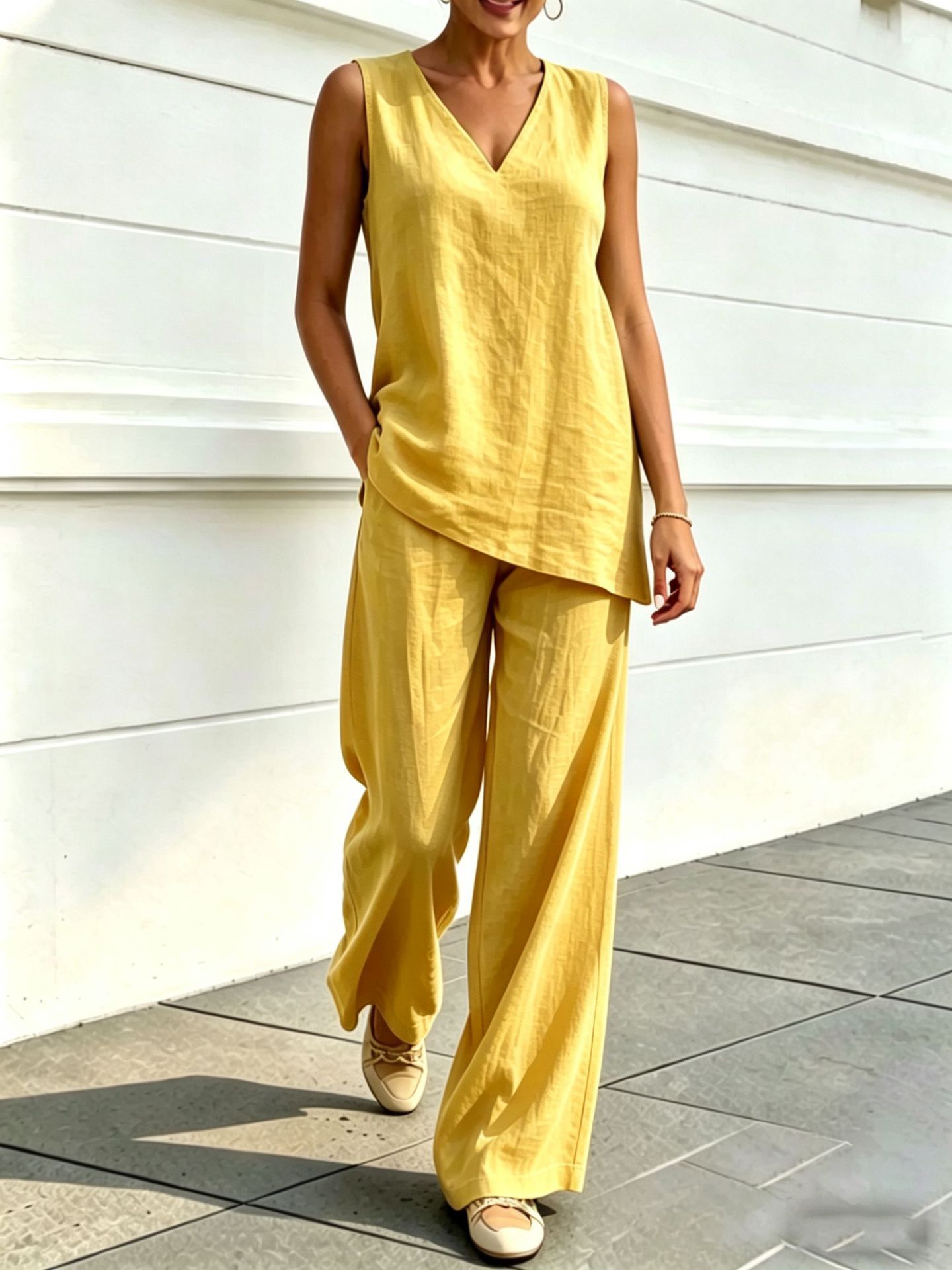 Women's V-Neck Sleeveless Top and Wide-Leg Pants Two-Piece Set