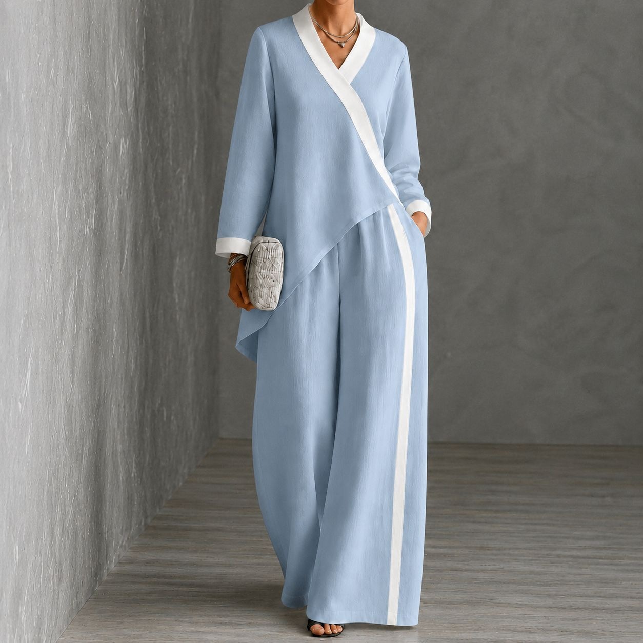 2026 Fall Cross-Border European and American Women's Fashion Color-Block V-Neck Asymmetrical Top Wide-Leg Pants Loose Casual Set