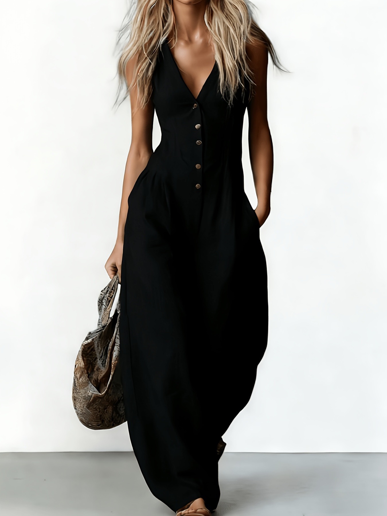 V-Neck Button Sleeveless Wide-Leg Jumpsuit