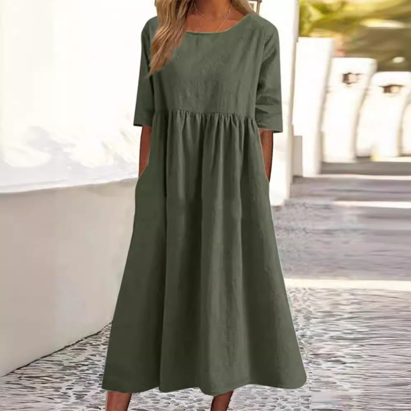 Women's Cotton Linen Round Neck Half Sleeve Loose Long Solid Dress