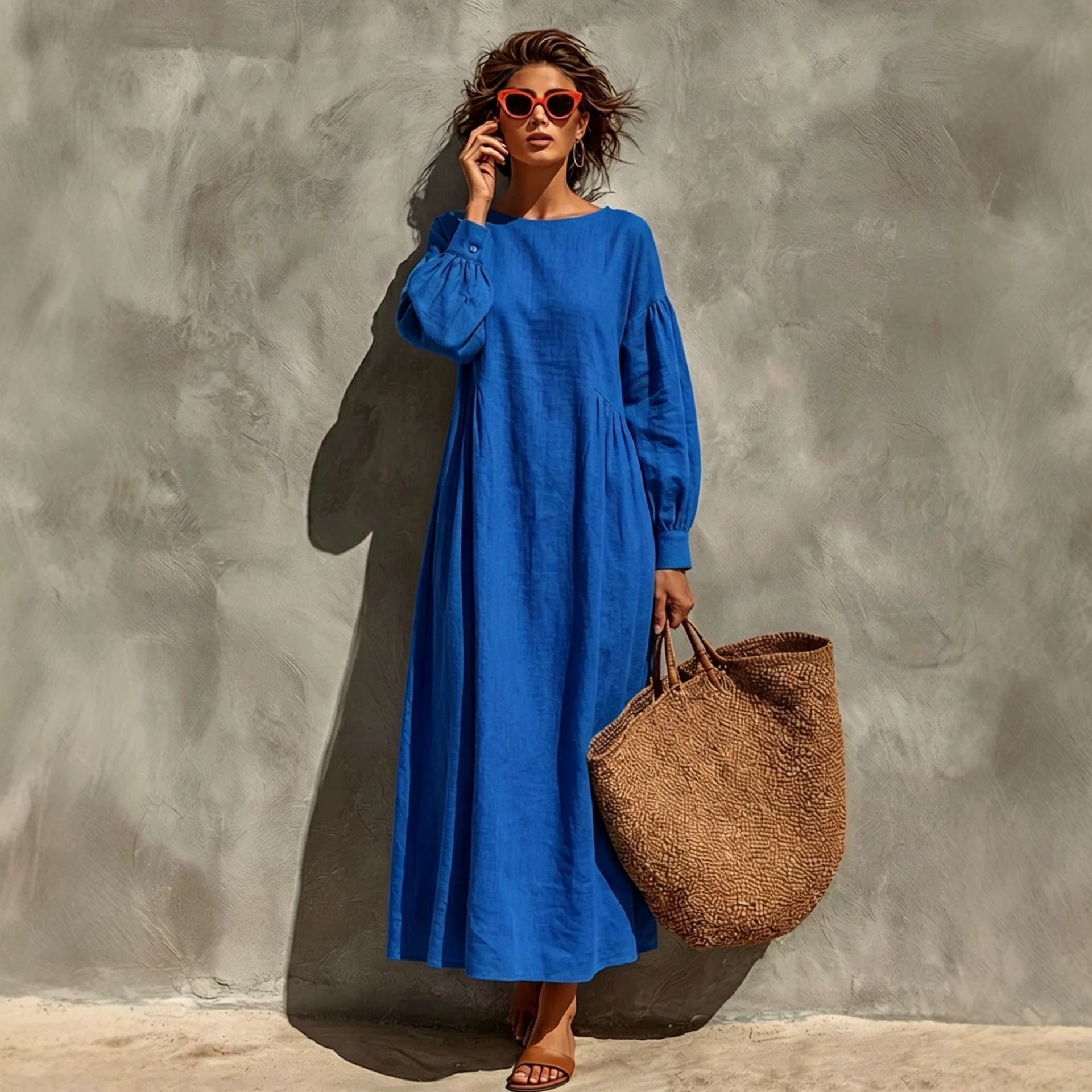 Women's Solid Color Lantern Sleeve Ruched Loose A-Line Midi Dress