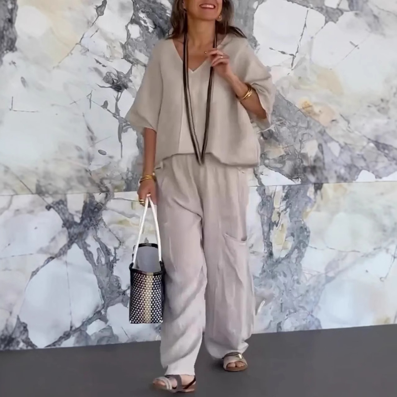 Women's V-Neck Loose Cotton-Linen Pocket Midi Sleeve Pant Set