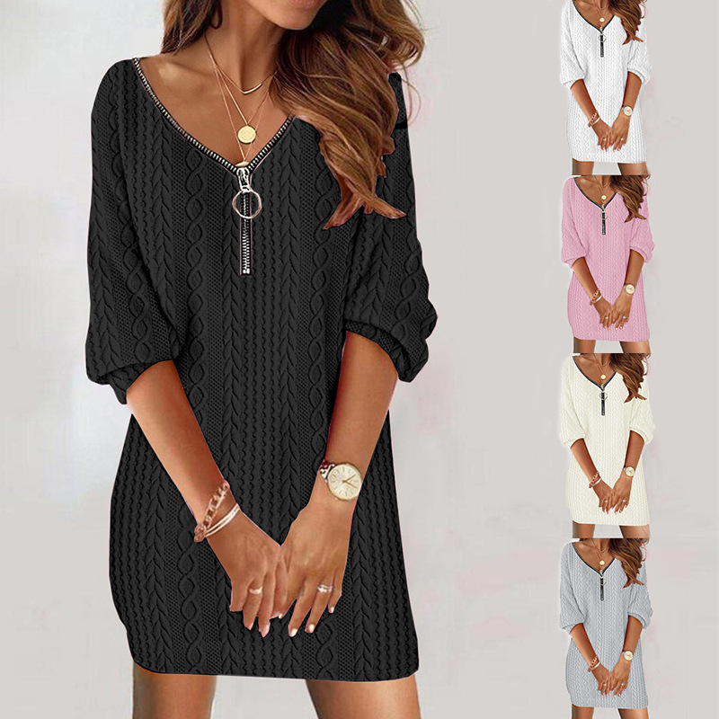 Women's V-Neck Long Sleeve Knit Midi Dress Solid Color