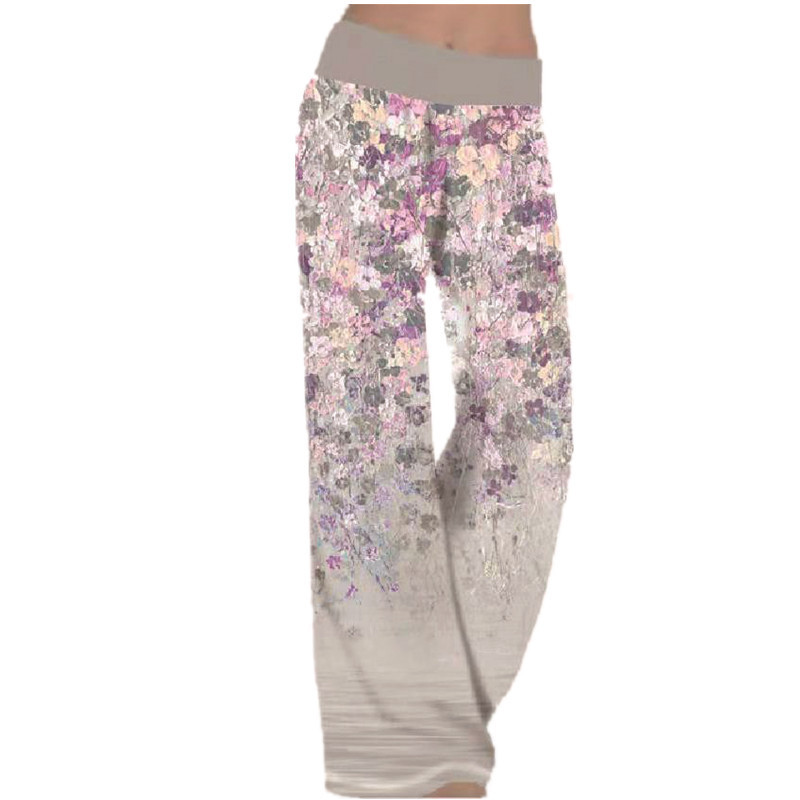 Gradient Floral Print Wide Waistband Wide-Leg Pants Lightweight Drapey Loose Fit