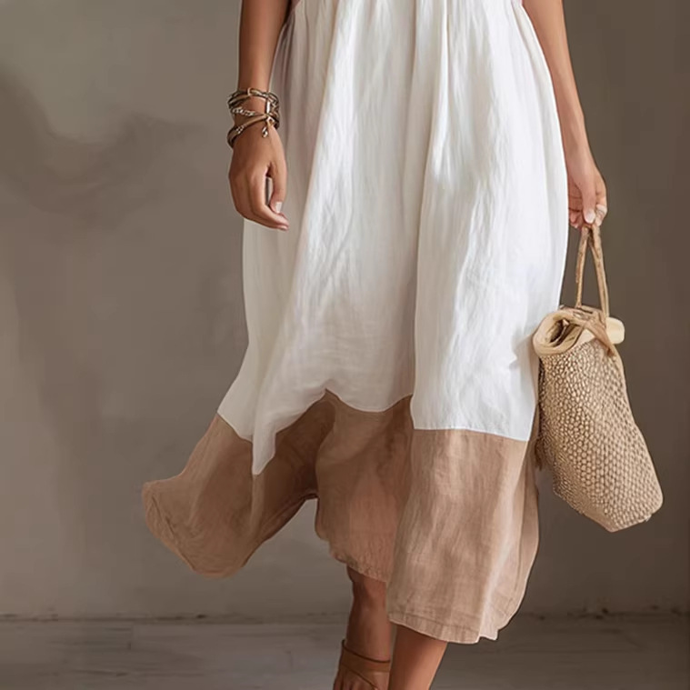Elegant Color-Block V-Neck Sleeveless A-Line Maxi Dress