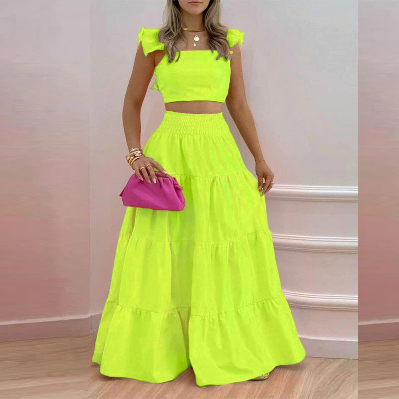 Women's Short Sleeve Top and Solid Midi Skirt Two-Piece Set