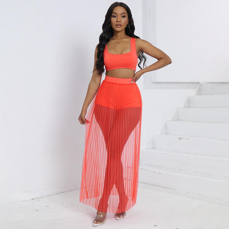 Women's Sheer Pleated Mesh Tank Top Skirt Shorts 3-Piece Set