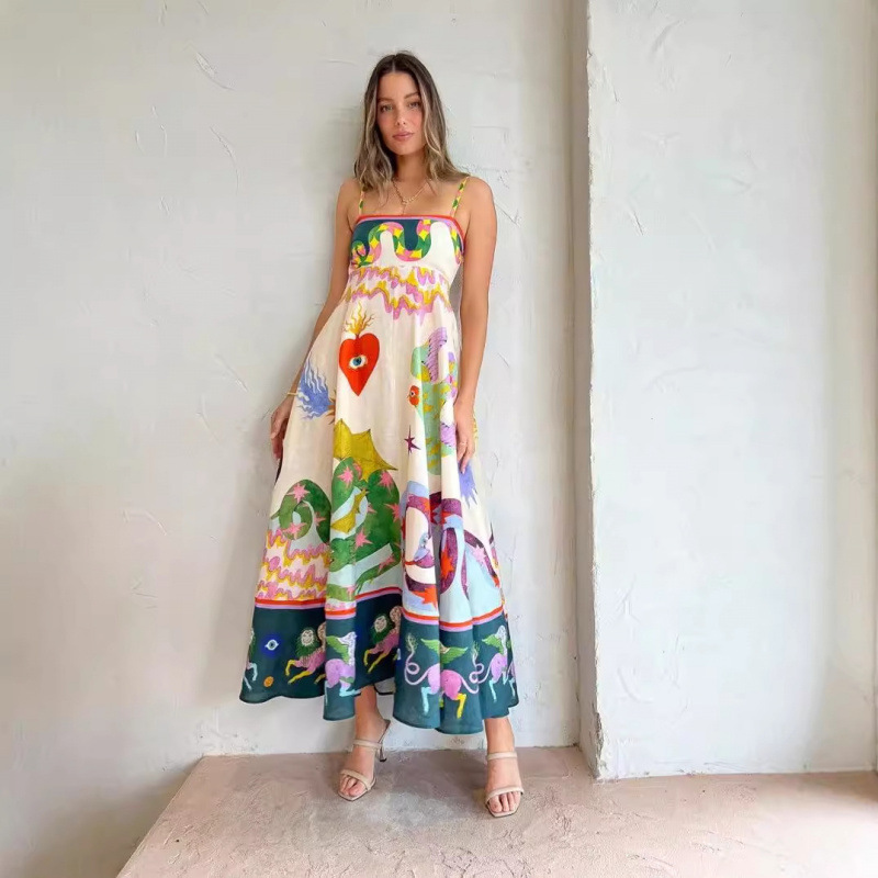 Women's Sleeveless Printed Linen Maxi Dress with Flowy Skirt