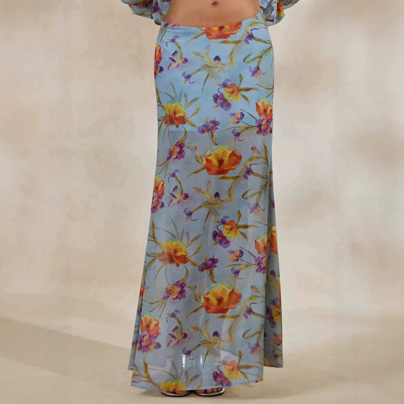 V-Neck Floral Print Long-Sleeve Top and High-Waist Skirt Two-Piece Set