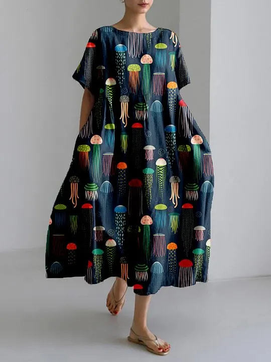Women's Loose Round Neck Floral Print Midi Dress