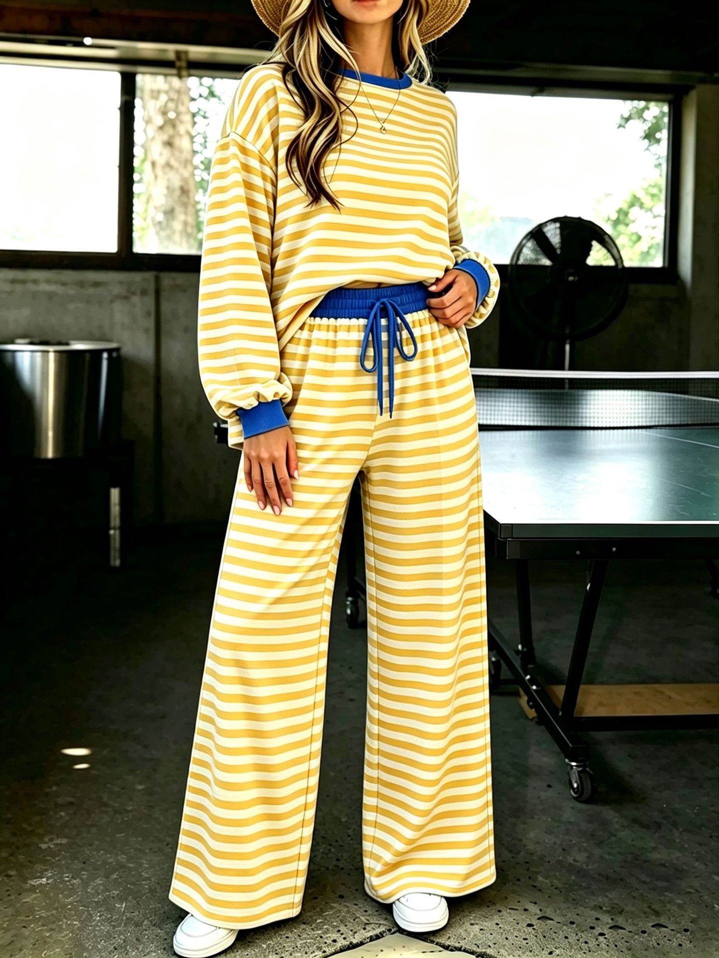 High-Waist Striped Wide-Leg Two-Piece Pants Set Women