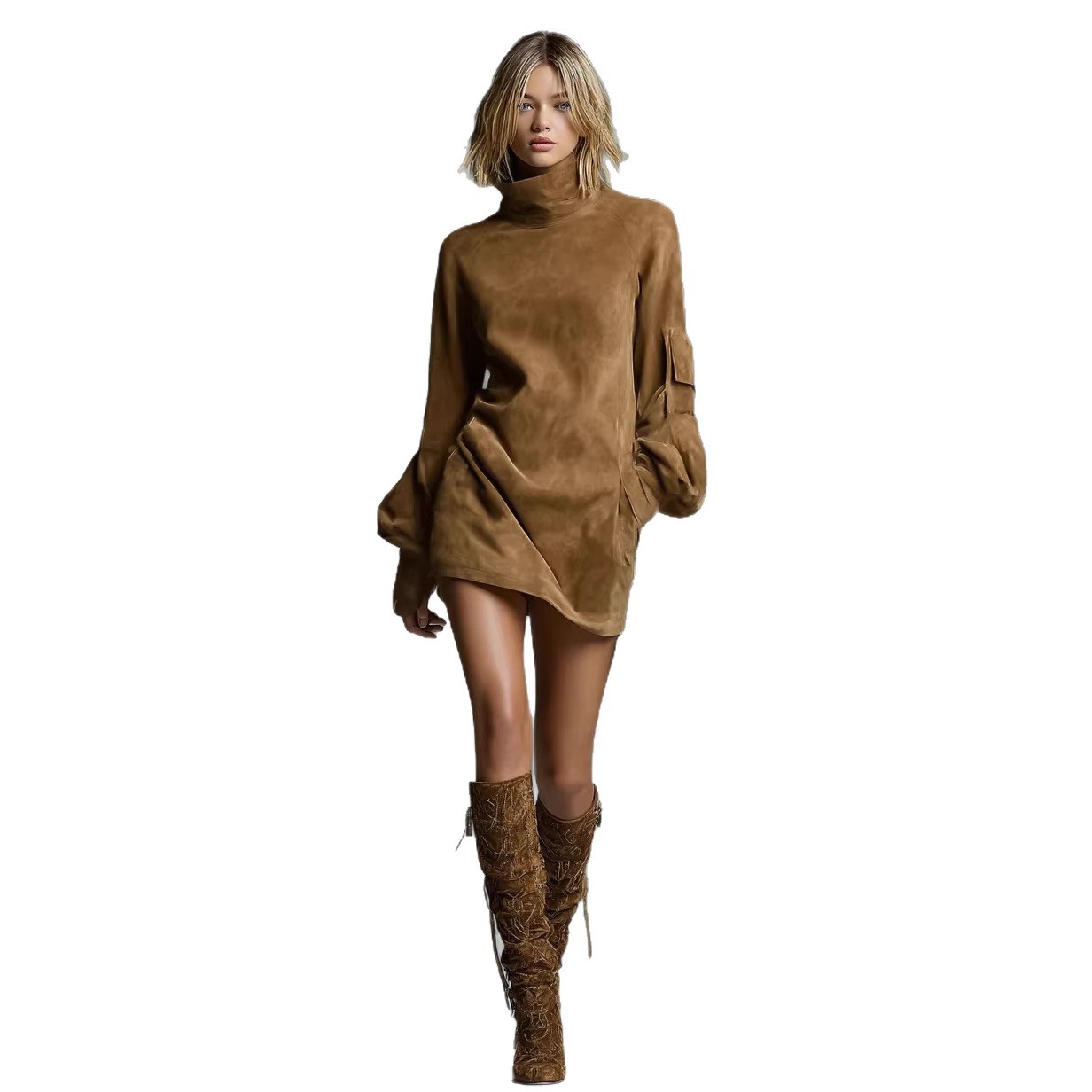 Faux Suede High Neck Long Sleeve Mini Dress