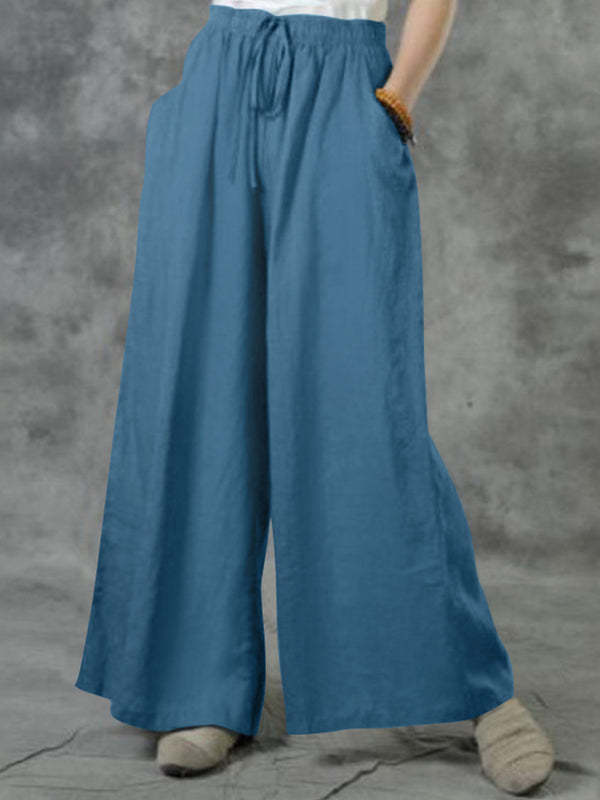 Cotton-Linen Wide-Leg Casual Pants for Women Solid Color Loose Fit