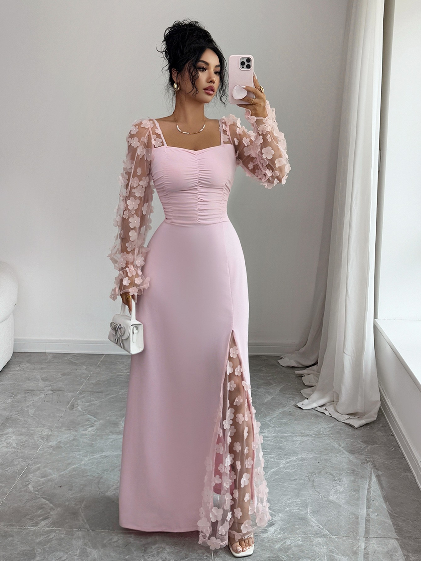 French Vintage Sheer Long Sleeve Evening Dress