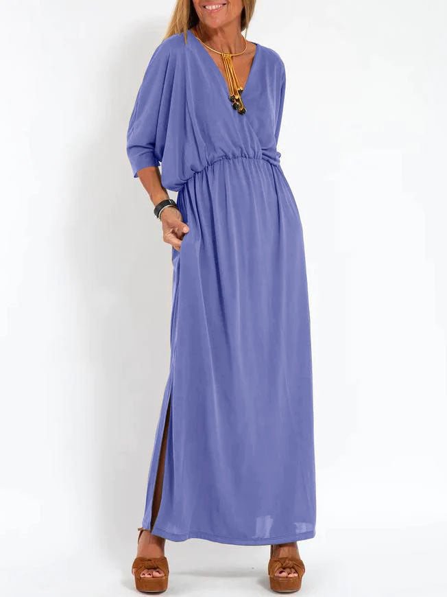 Women's High-Waist Slit Short-Sleeve Dress in Solid Colors