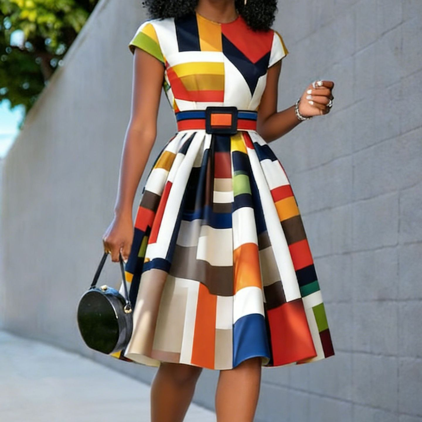 Geometric Print Round Neck Belted Midi Dress