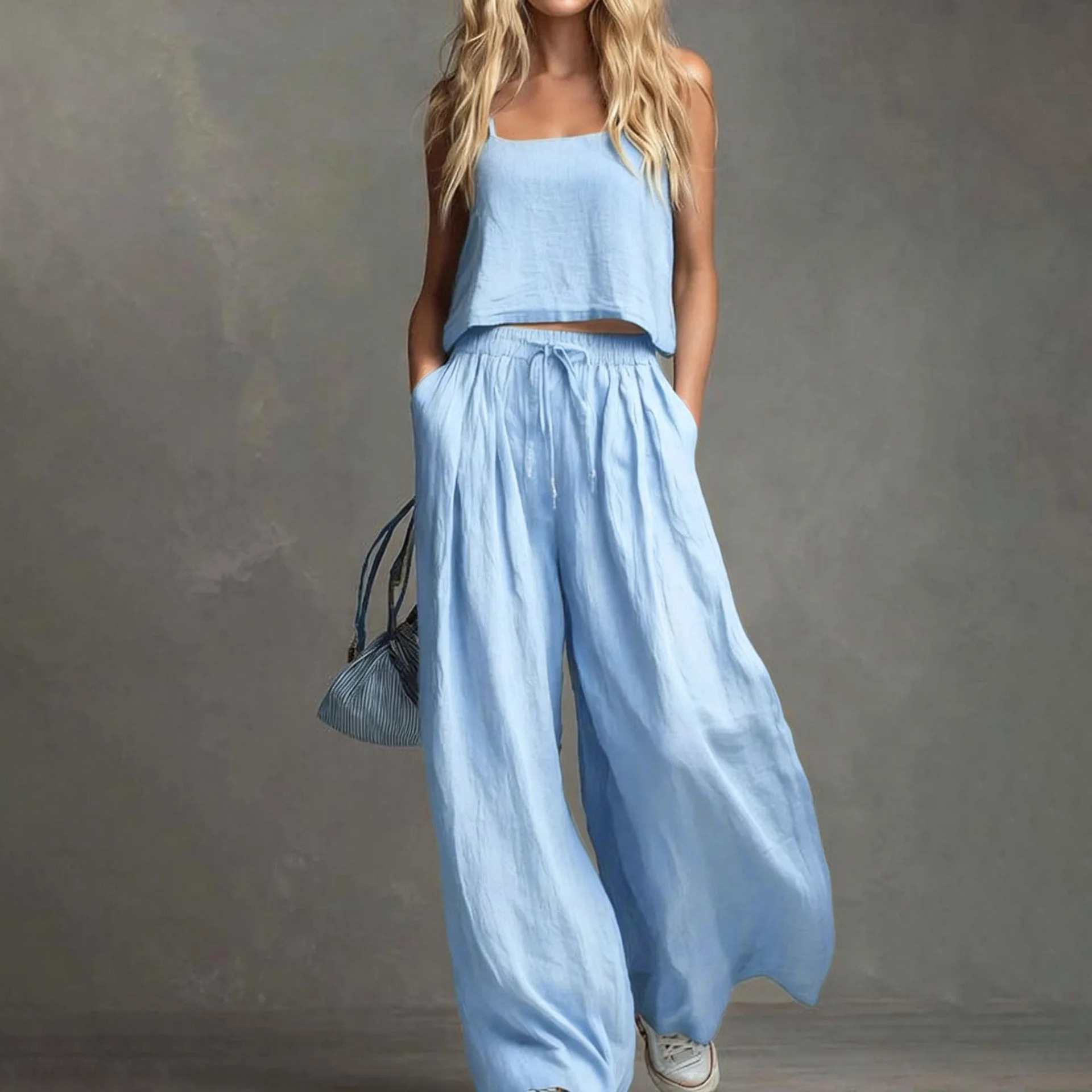 Women's Solid Sleeveless Cami Top and Wide-Leg Pants Set
