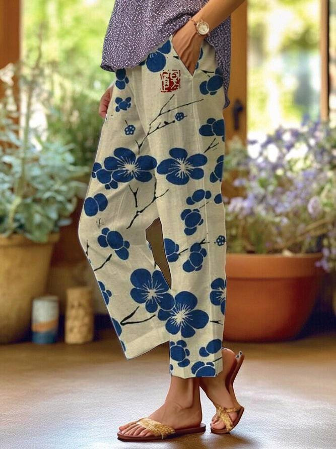 Women's Striped & Floral Print Straight-Leg Casual Pants