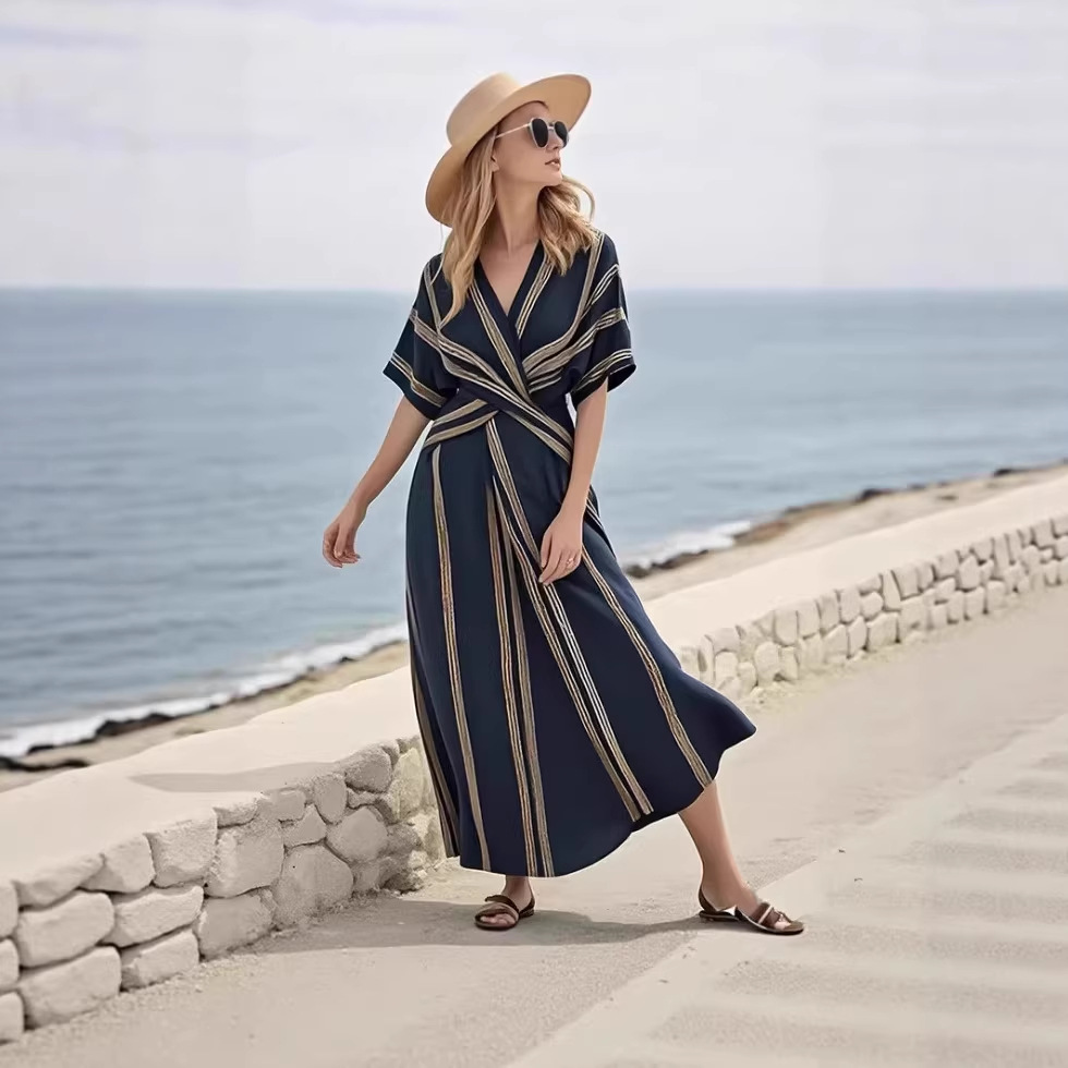 Women's V-Neck Short Sleeve Pleated Maxi Dress
