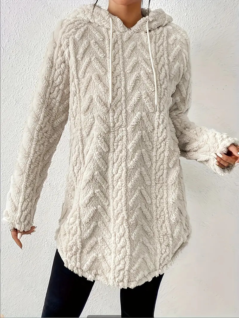 Solid Hooded Long-Sleeve Drawstring Fleece Sweater