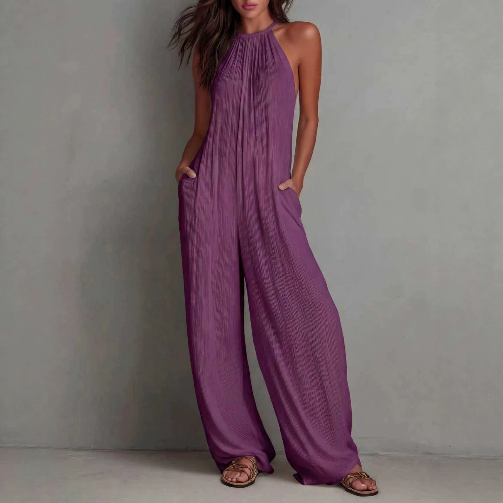 Women's White Pleated Open-Back Wide-Leg Jumpsuit