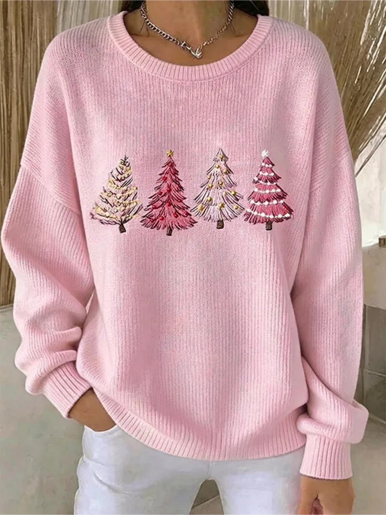 Forest Tree Print Crewneck Long Sleeve Pullover Sweatshirt