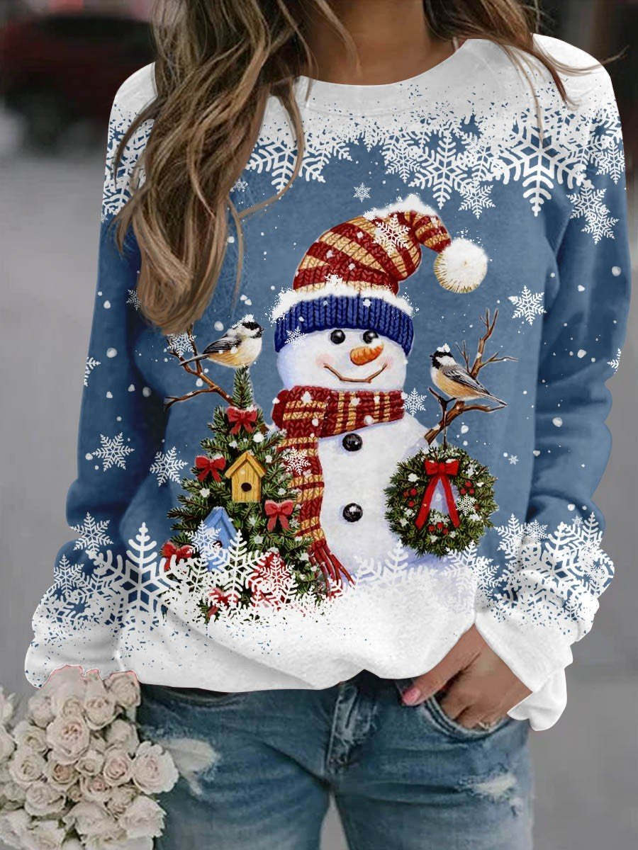 Women's Christmas Snowman Snowflake Print Crewneck Sweatshirt