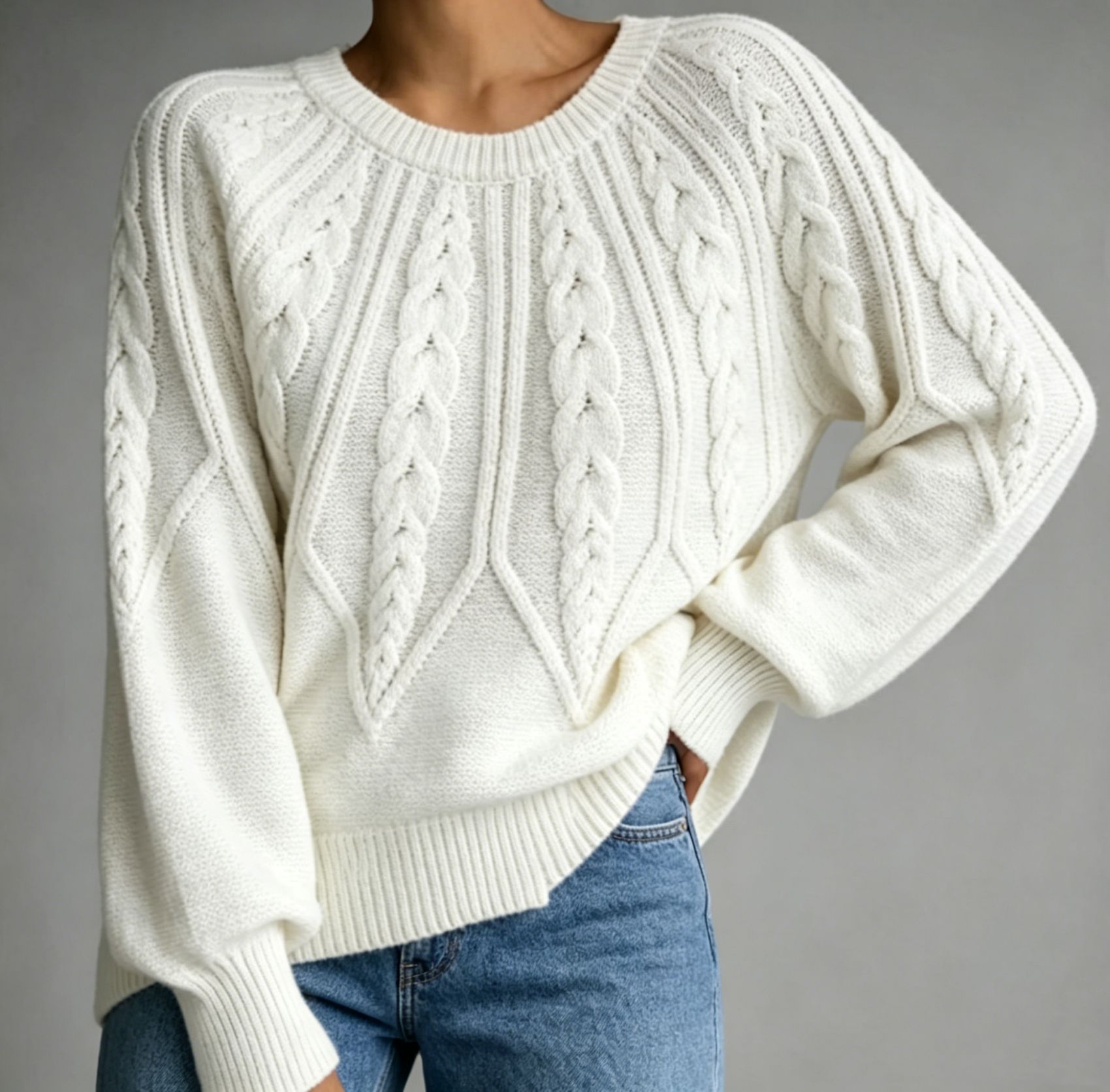 Women's Cable-Knit Crewneck Pullover Sweater Long-Sleeve Solid Color