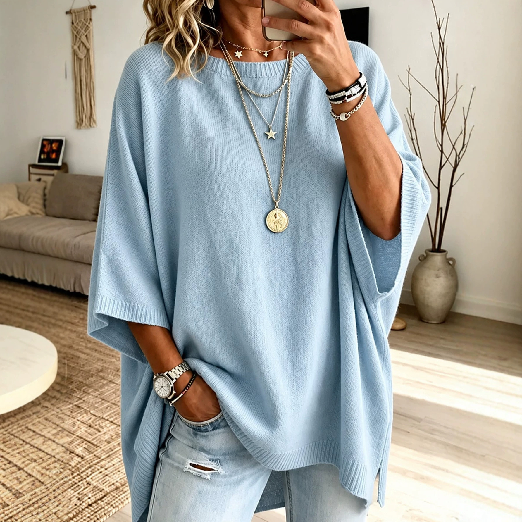 Light Blue Loose Drop-Shoulder Midi Sleeve Knit Sweater Women's Crewneck Pullover with Side Slit