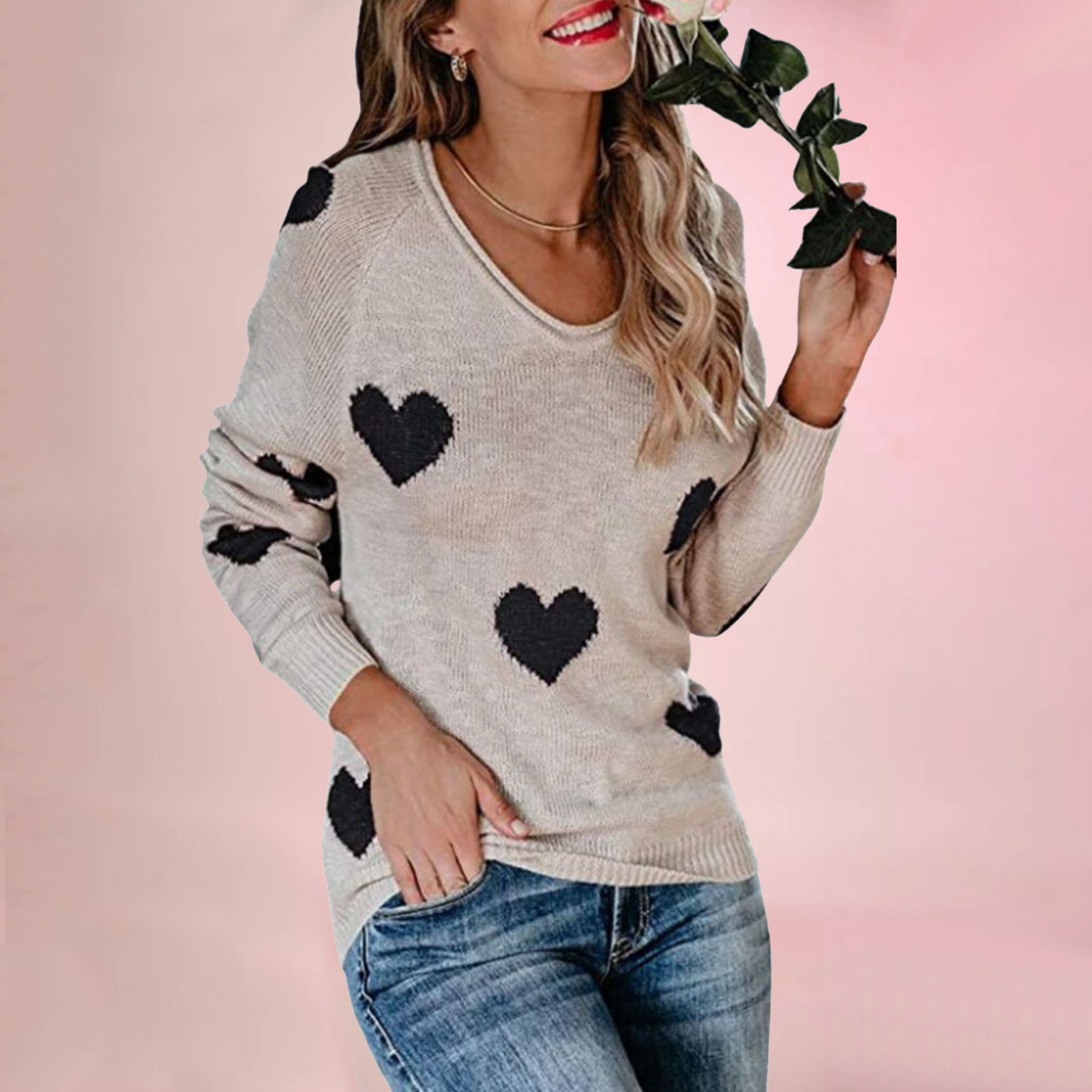 Women's Loose Heart V-Neck Knit Pullover Sweater