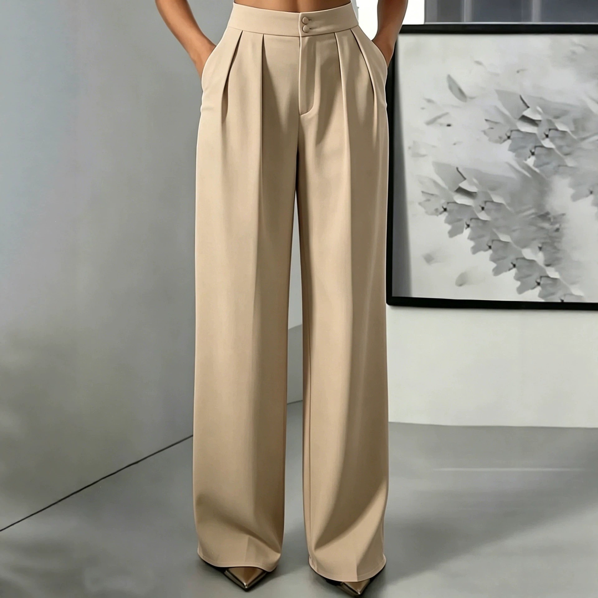 Women's High Waist Straight Leg Tailored Pants with Elastic Waist
