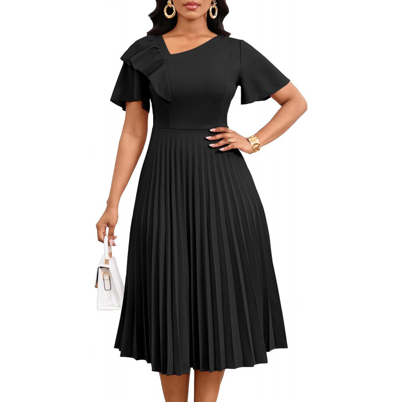 Asymmetric Ruffle Short Sleeve A-Line Midi Dress
