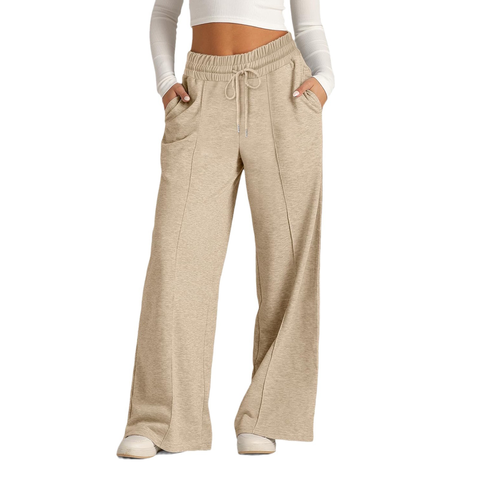 Women's Drawstring High-Waist Wide-Leg Casual Pants Solid Color