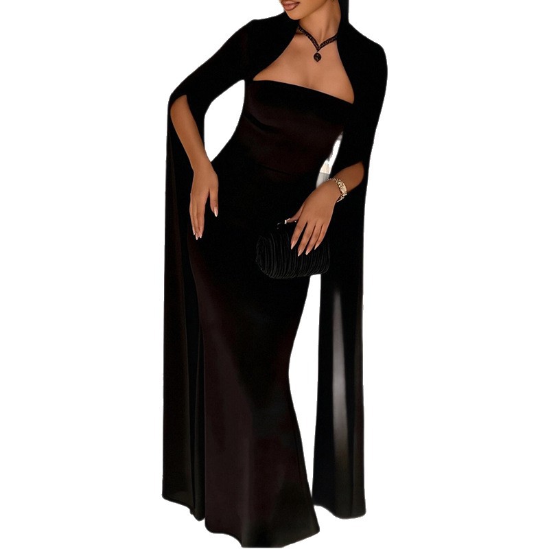 Women's Square Neck Long Sleeve Fitted Waist Dress