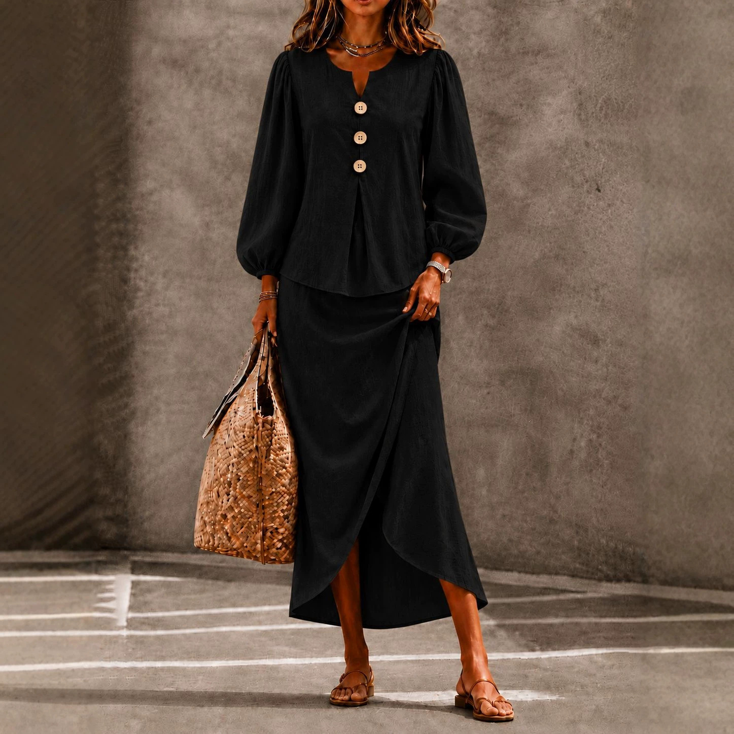 Women's Two-Piece Set with Round-Neck Button Top and Lantern Sleeves, Long Skirt