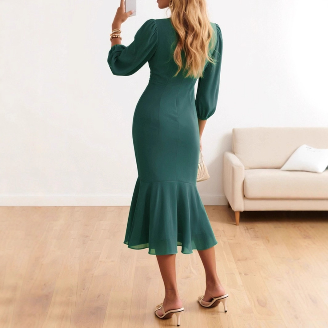 Women's V-Neck Long Sleeve Bodycon Midi Dress