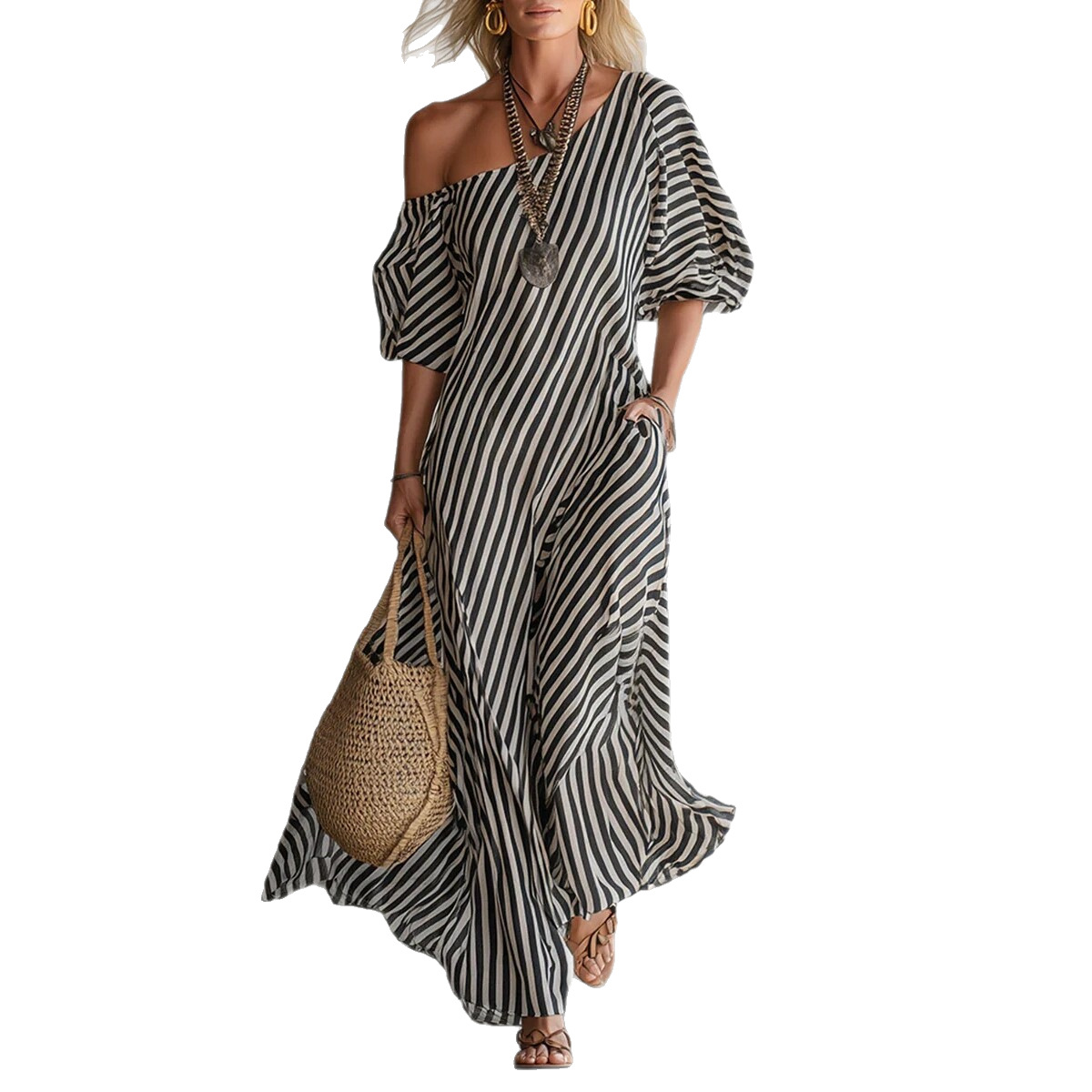 V-Neck Waist-Defining Ruffle A-Line Midi Dress