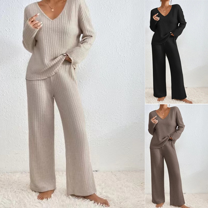 Women's Ribbed Brushed V-Neck Long Sleeve Loungewear Set