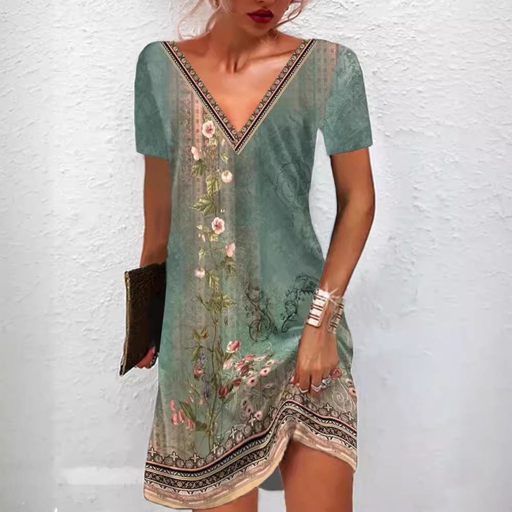 Women's Ethnic Floral Print V-Neck Short Sleeve A-Line Midi Dress