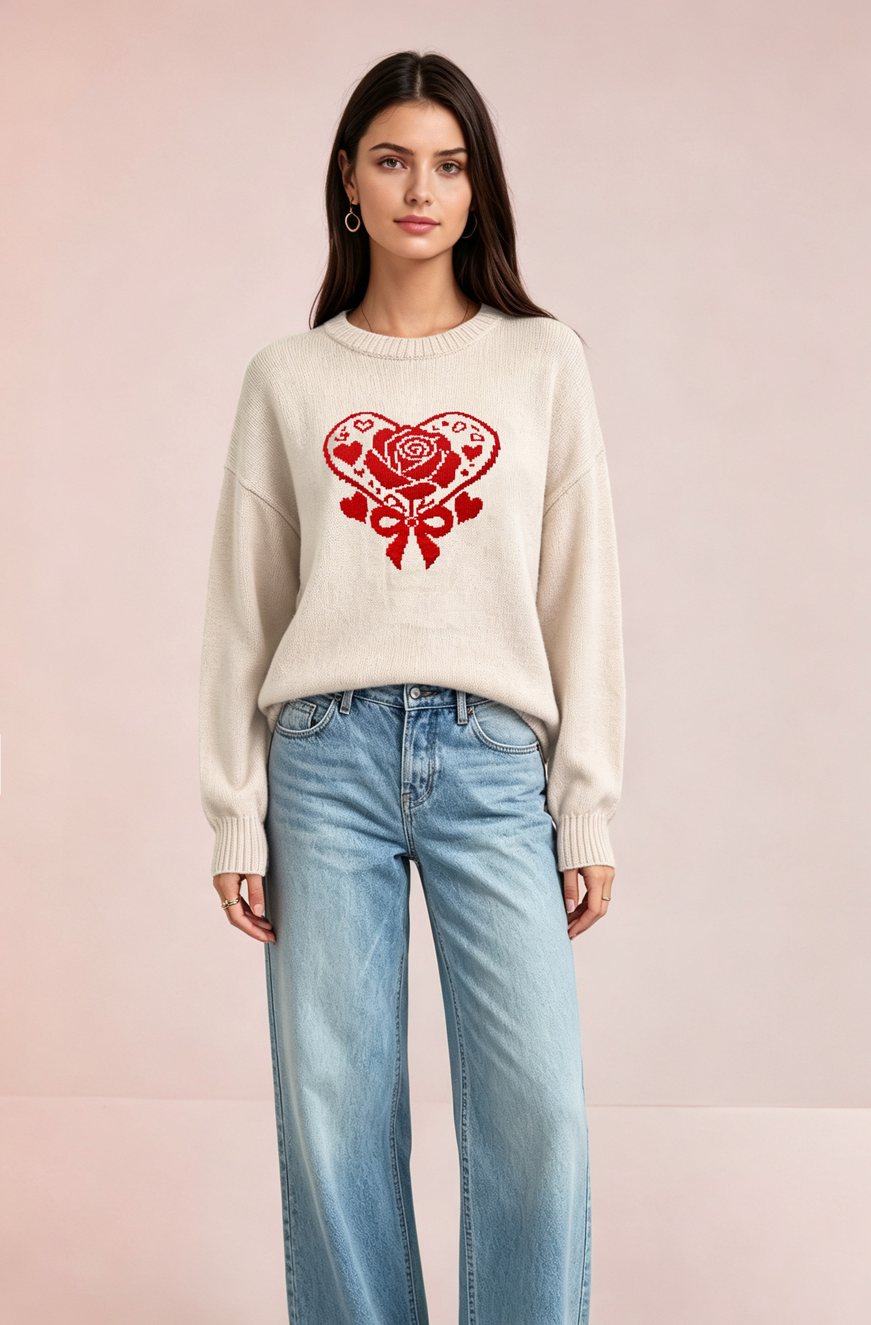 Heart Knit Sweater for Women Crewneck Long Sleeve Pullover