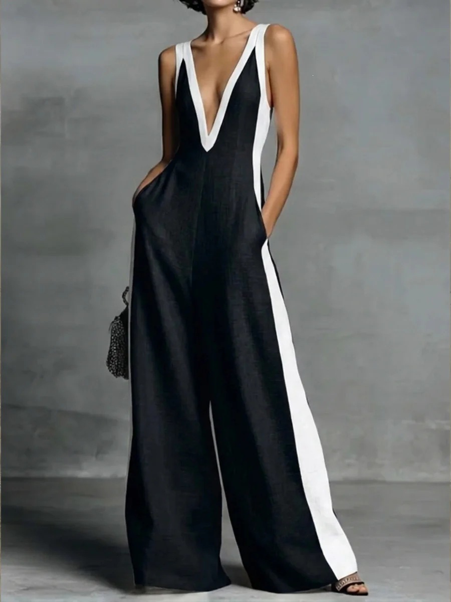 Deep V-Neck Colorblock Wide-Leg Jumpsuit