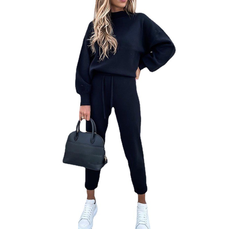 Women's Turtleneck Sweatsuit Set Solid Color Long Pants with Pockets