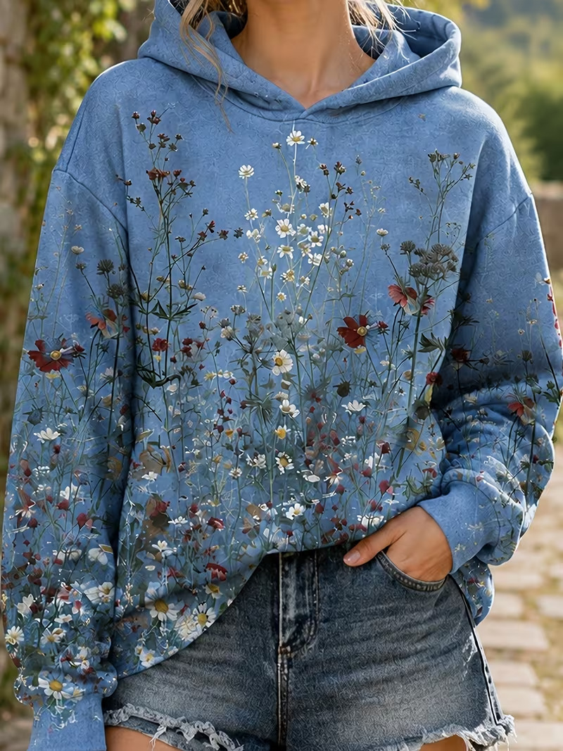 Women's Floral Print Casual Hoodie Long Sleeve Crewneck