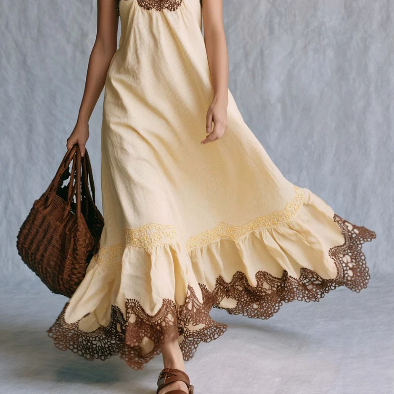Bohemian Lace Trim Cami Long Dress Cream Yellow